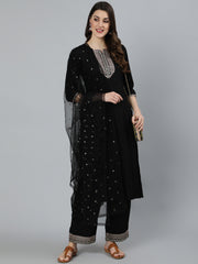 Women Black Embroidered Straight Kurta With Plazo & Dupatta
