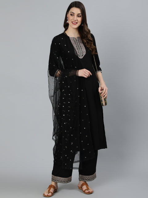 Women Black Embroidered Straight Kurta With Plazo & Dupatta