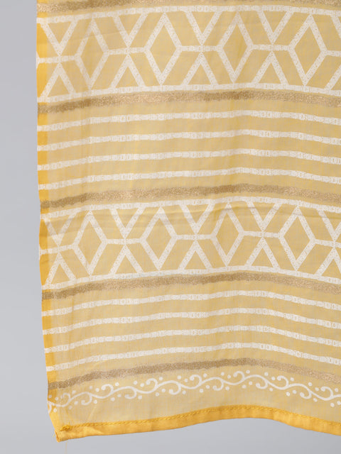 Women Yellow Printed Flared Kurta With Trouser & Dupatta