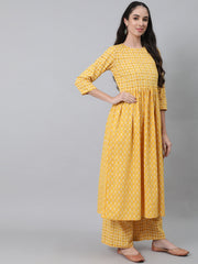 Women Yellow Printed Flared Kurta With Trouser & Dupatta