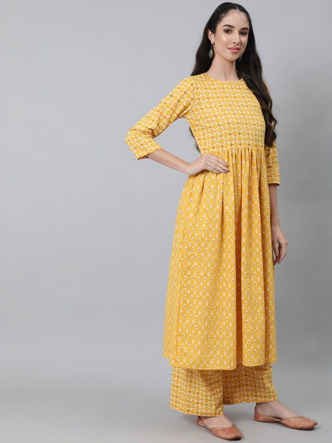 Women Yellow Printed Flared Kurta With Trouser & Dupatta