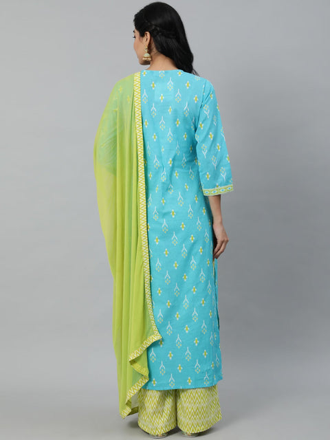 Women Blue & Green Printed Straight Kurta With Plazo & Chiffon Dupatta