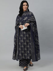 Women Navy Blue Printed Kurta With Plazzo & Dupatta