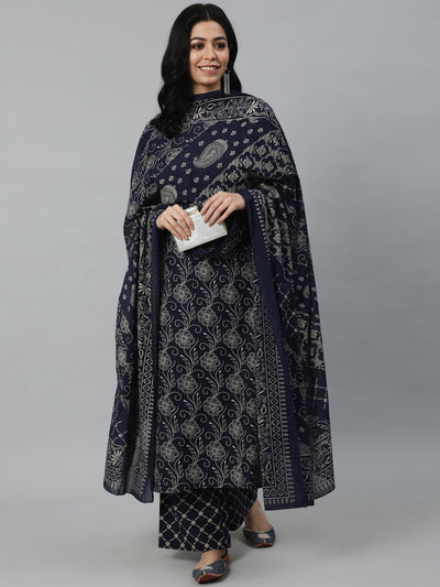 Women Navy Blue Printed Kurta With Plazzo & Dupatta
