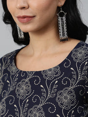Women Navy Blue Printed Kurta With Plazzo & Dupatta