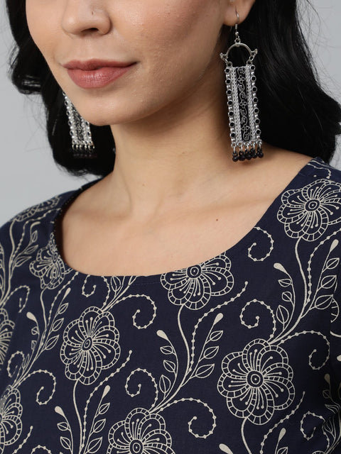 Women Navy Blue Printed Kurta With Plazzo & Dupatta