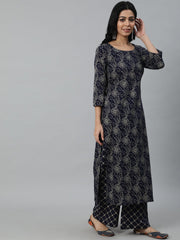 Women Navy Blue Printed Kurta With Plazzo & Dupatta