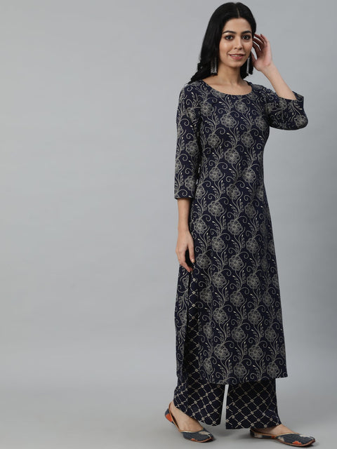 Women Navy Blue Printed Kurta With Plazzo & Dupatta