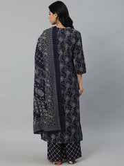 Women Navy Blue Printed Kurta With Plazzo & Dupatta