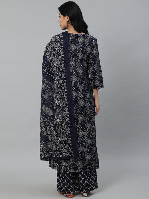 Women Navy Blue Printed Kurta With Plazzo & Dupatta