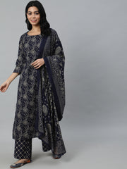 Women Navy Blue Printed Kurta With Plazzo & Dupatta