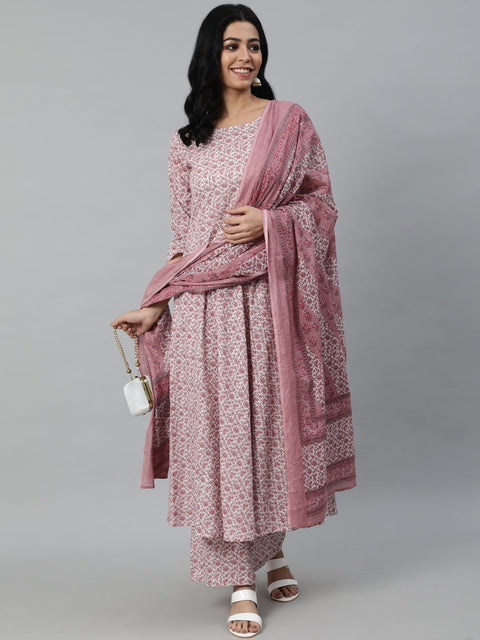 Women Off-White Ethnic Printed Straight Kurta With Plazzo And Dupatta