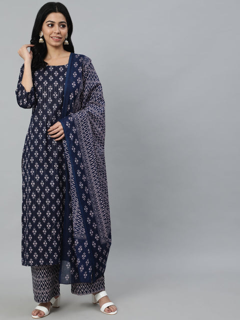 Women Navy Blue Ethnic Motifs Printed Pure Cotton Kurta With Trouser And Dupatta