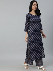 Women Navy Blue Ethnic Motifs Printed Pure Cotton Kurta With Trouser And Dupatta