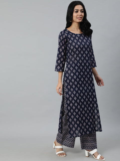 Women Navy Blue Ethnic Motifs Printed Pure Cotton Kurta With Trouser And Dupatta