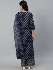 Women Navy Blue Ethnic Motifs Printed Pure Cotton Kurta With Trouser And Dupatta