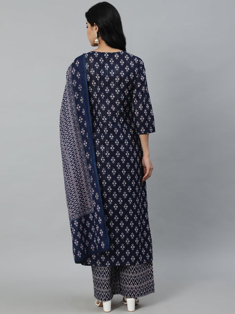 Women Navy Blue Ethnic Motifs Printed Pure Cotton Kurta With Trouser And Dupatta