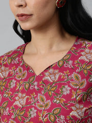 Women Burgundy Printed Flared Kurta With Trouser & Dupatta