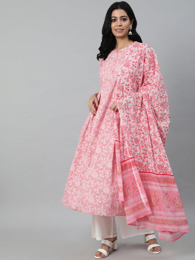 Women Pink Printed Flared Kurta With Trouser & Dupatta