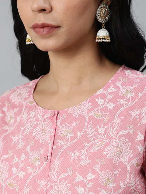 Women Pink Printed Flared Kurta With Trouser & Dupatta