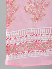 Women Pink Printed Flared Kurta With Trouser & Dupatta