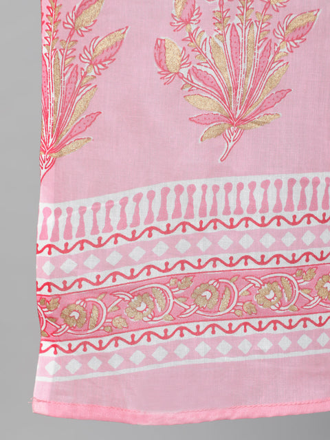 Women Pink Printed Flared Kurta With Trouser & Dupatta