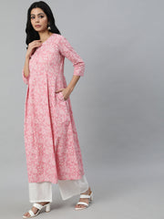 Women Pink Printed Flared Kurta With Trouser & Dupatta