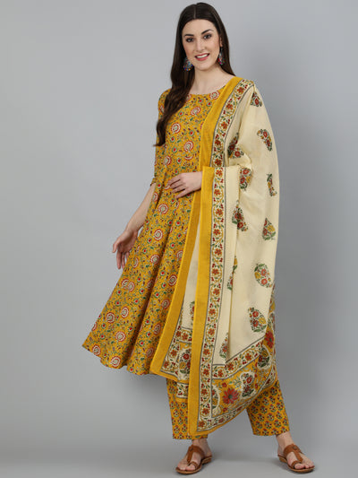 Women Mustard Printed Flared Kurta With Trouser & Dupatta
