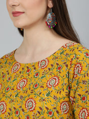 Women Mustard Printed Flared Kurta With Trouser & Dupatta