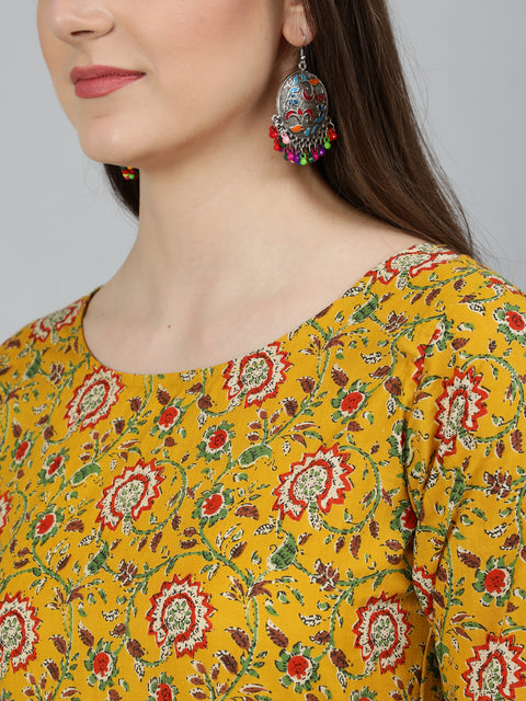 Women Mustard Printed Flared Kurta With Trouser & Dupatta