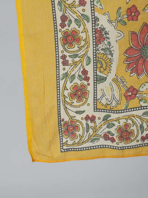 Women Mustard Printed Flared Kurta With Trouser & Dupatta