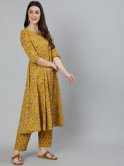 Women Mustard Printed Flared Kurta With Trouser & Dupatta