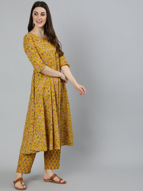 Women Mustard Printed Flared Kurta With Trouser & Dupatta