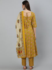 Women Mustard Printed Flared Kurta With Trouser & Dupatta