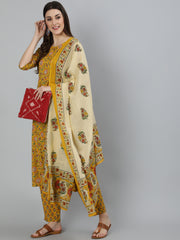 Women Mustard Printed Flared Kurta With Trouser & Dupatta