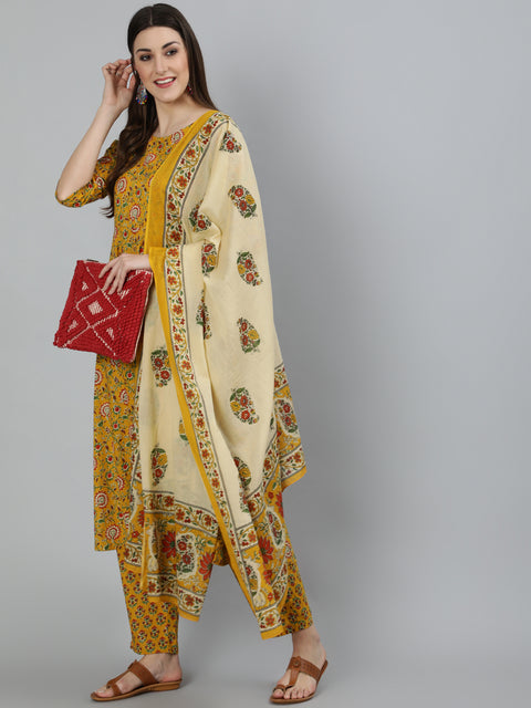 Women Mustard Printed Flared Kurta With Trouser & Dupatta
