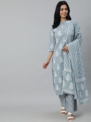 Women Grey Paisley Printed Panelled Pure Cotton Kurta With Trouser & Dupatta