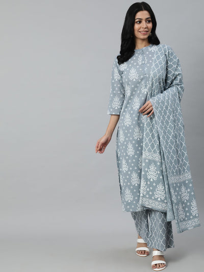 Women Grey Paisley Printed Panelled Pure Cotton Kurta With Trouser & Dupatta
