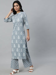 Women Grey Paisley Printed Panelled Pure Cotton Kurta With Trouser & Dupatta