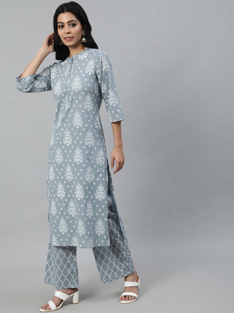 Women Grey Paisley Printed Panelled Pure Cotton Kurta With Trouser & Dupatta