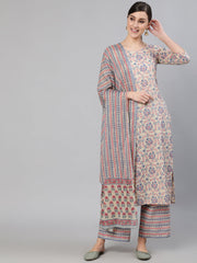 Women Cream Ethnic Prnited Kurta With Palazzo And Dupatta