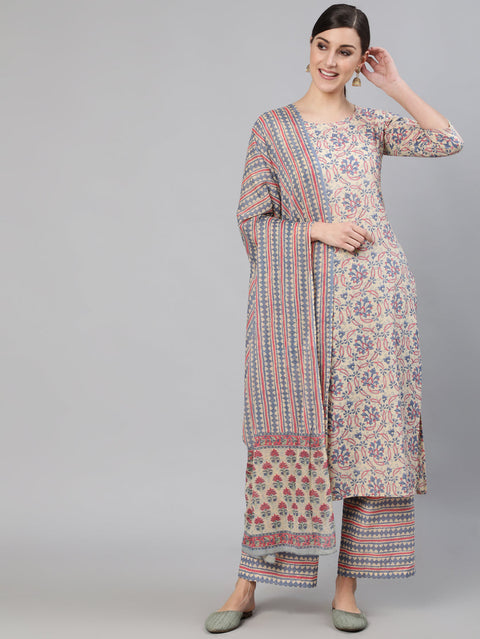 Women Cream Ethnic Prnited Kurta With Palazzo And Dupatta