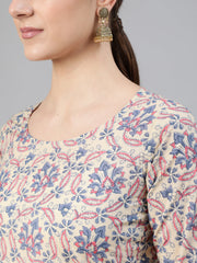 Women Cream Ethnic Prnited Kurta With Palazzo And Dupatta