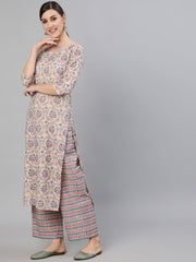 Women Cream Ethnic Prnited Kurta With Palazzo And Dupatta