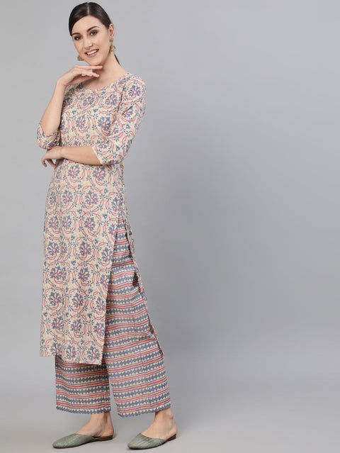 Women Cream Ethnic Prnited Kurta With Palazzo And Dupatta