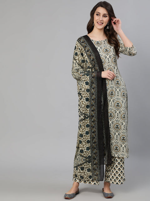 Women Off White Ethnic Motif Printed Kurta With Palzzo And Dupatta
