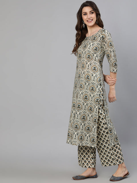 Women Off White Ethnic Motif Printed Kurta With Palzzo And Dupatta