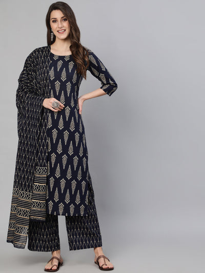 Women Navy Blue & Gold Printed Straight Kurta With Plazo & Dupatta