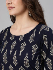 Women Navy Blue & Gold Printed Straight Kurta With Plazo & Dupatta