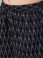 Women Navy Blue & Gold Printed Straight Kurta With Plazo & Dupatta